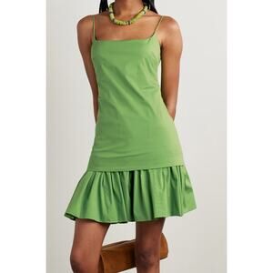 STAUD Ari Gathered Poplin Mini Dress Drop Waist Leaf Green Size Medium NEW